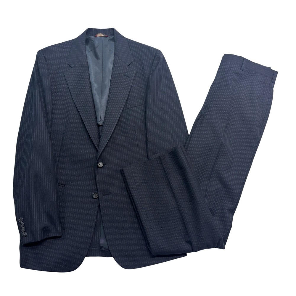 vtg 80s Cricketeer 38R 32x31 Navy Blue Pinstripe 2pc Pant Suit Wool USA Mens